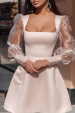 Casual Solid Patchwork Mesh Square Collar Cake Skirt Dresses