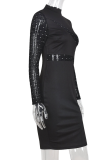 Sexy Solid See-through Mesh Half A Turtleneck Pencil Skirt Dresses