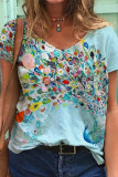 Casual Print Patchwork V Neck T-Shirts