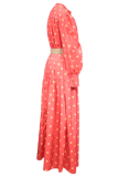 Casual Print Patchwork V Neck Cake Skirt Dresses