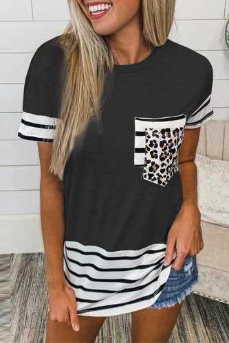 Casual Striped Leopard Patchwork Pocket O Neck T-Shirts