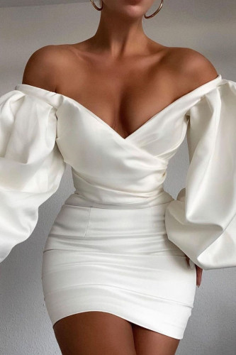 Fashion Street Solid Patchwork Off the Shoulder Wrapped Skirt Dresses