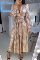 Casual Print Patchwork Turndown Collar Waist Skirt Dresses