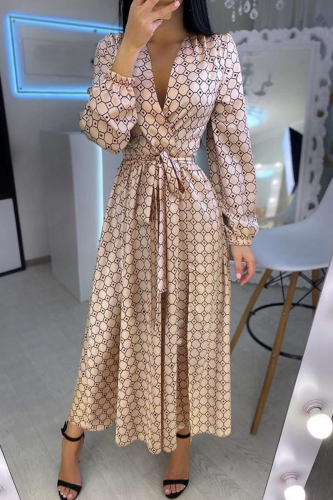 Casual Print Patchwork Turndown Collar Waist Skirt Dresses