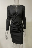 Fashion Sexy Solid Zipper V Neck Pencil Skirt Dresses