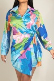 Fashion Print Patchwork Turndown Collar Waist Skirt Dresses