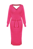 Casual Elegant Solid Backless Slit Strap Design V Neck Pencil Skirt Dresses