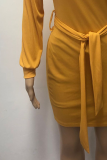 Fashion Elegant Solid Patchwork With Belt Oblique Collar Wrapped Skirt Dresses