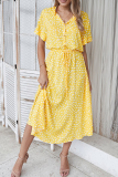 Casual Print Patchwork Turndown Collar Waist Skirt Dresses