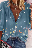 Casual Butterfly Print Buckle Turndown Collar Tops