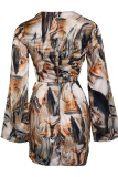 Fashion Patchwork Tie-dye V Neck Pencil Skirt Dresses