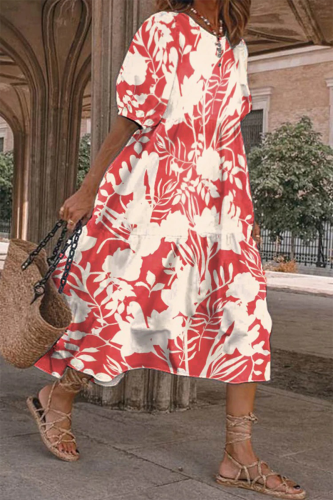 Casual Print Patchwork O Neck Cake Skirt Dresses