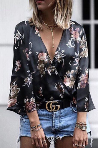 Casual Print Patchwork V Neck Tops