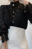 Elegant Patchwork Lace Hollowed Out Buckle Mandarin Collar Tops
