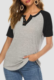 Casual Patchwork Buckle Contrast O Neck T-Shirts