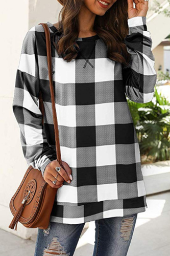Casual Plaid Patchwork Slit O Neck Tops