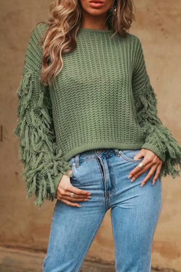 Casual Solid Tassel O Neck Tops