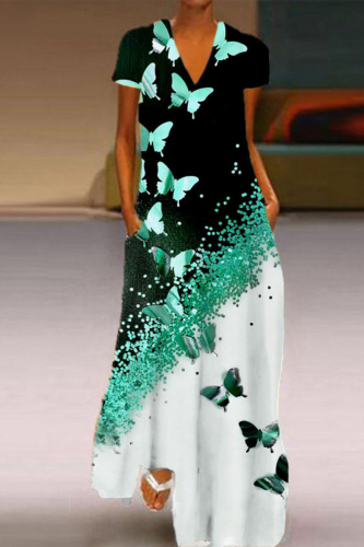 Casual Butterfly Print Patchwork V Neck Straight Dresses