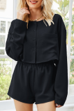 Casual Solid Pocket Buckle O Neck Long Sleeve Two Pieces