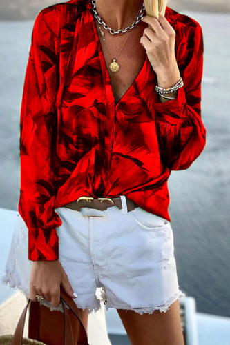 Casual Print Patchwork Turndown Collar Tops