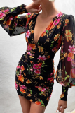 Fashion Elegant Floral Patchwork Fold V Neck Wrapped Skirt Dresses