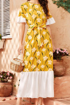 Fashion Street Print Patchwork O Neck Pleated Dresses