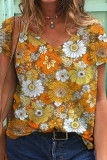 Casual Print Patchwork V Neck T-Shirts