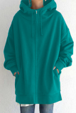 Casual Solid Draw String Pocket Zipper Hooded Collar Tops
