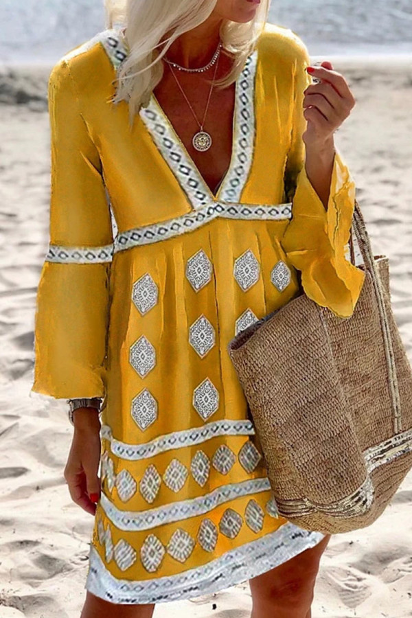 Fashion Casual Print Patchwork V Neck Princess Dresses