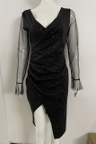 Sexy Solid Mesh V Neck Pencil Skirt Dresses