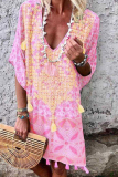 Fashion Print Patchwork V Neck Straight Dresses