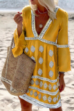 Casual Print Patchwork V Neck Cake Skirt Dresses
