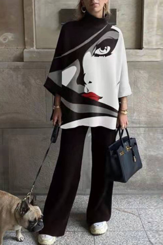 Casual Print Patchwork Turtleneck Long Sleeve Two Pieces