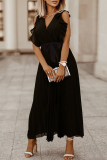 Fashion Elegant Solid Flounce Strap Design V Neck Pleated Dresses