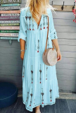 Casual Print Patchwork Frenulum V Neck Cake Skirt Dresses