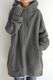 Casual Solid Draw String Pocket Zipper Hooded Collar Tops