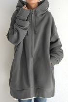 Casual Solid Draw String Pocket Zipper Hooded Collar Tops