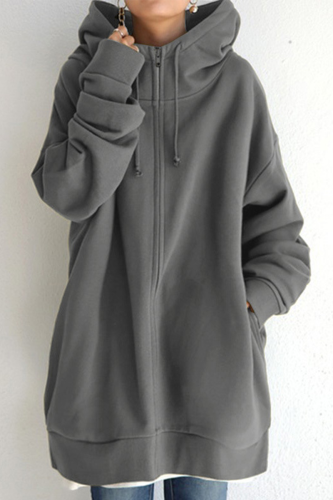 Casual Solid Draw String Pocket Zipper Hooded Collar Tops