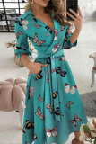 Fashion Elegant Print Solid Patchwork Frenulum V Neck A Line Dresses