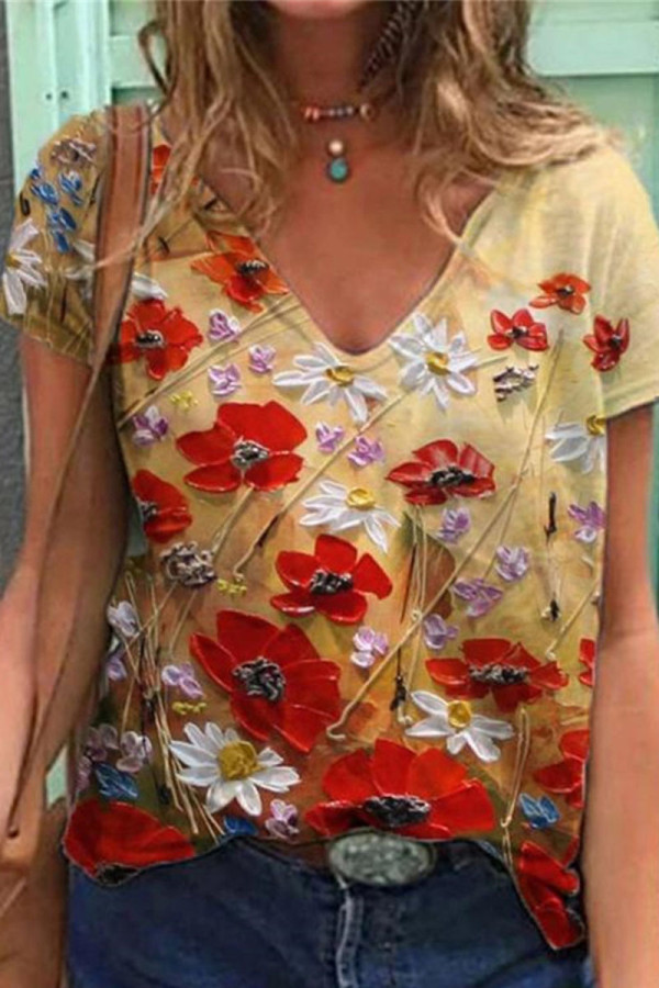Casual Print Patchwork V Neck T-Shirts