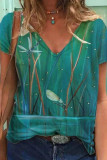 Casual Print Patchwork V Neck T-Shirts