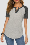 Casual Patchwork Buckle Contrast O Neck T-Shirts