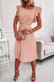 Fashion Casual Solid Patchwork O Neck Pleated Dresses