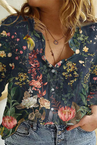 Fashion Casual Print Basic Turndown Collar Tops