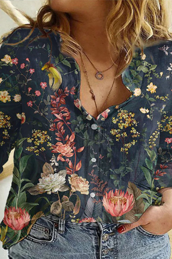 Fashion Casual Print Basic Turndown Collar Tops