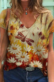 Casual Print Patchwork V Neck T-Shirts