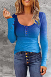 Casual Gradual Change Color Block Patchwork Buttons O Neck T-Shirts
