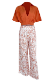 Casual Print Patchwork V Neck Half Sleeve Two Pieces