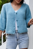 Casual Solid Buckle V Neck Tops Sweater