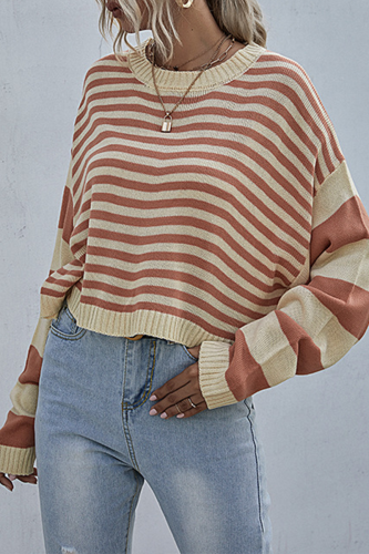 Striped Contrast O Neck Tops Sweater